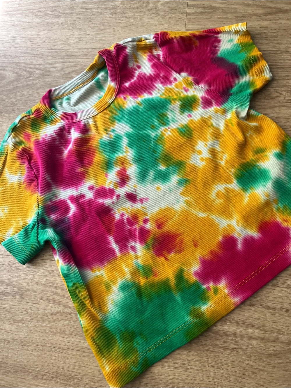 French Connection Cropped Tie-Dye Short Sleeve Tee - Pink, Yellow & Green
